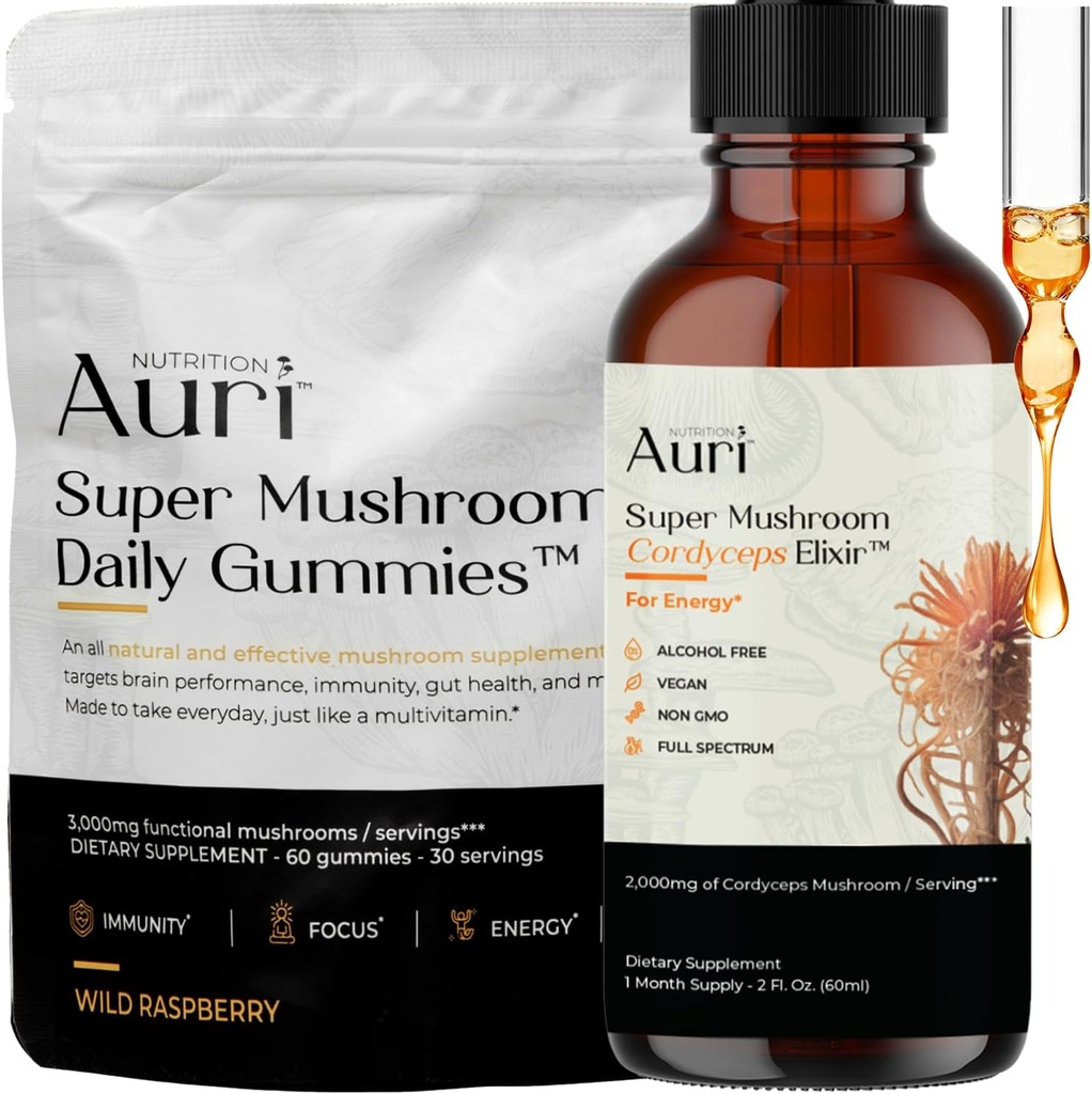 Auri Energy & Immune Boost Pack Super Mushroom Daily Gummies Cordyceps Elixir Bundle - Daglig Wellness för fokus, uthållighet och livslängd - 60 Gummies + 60ml Tincture