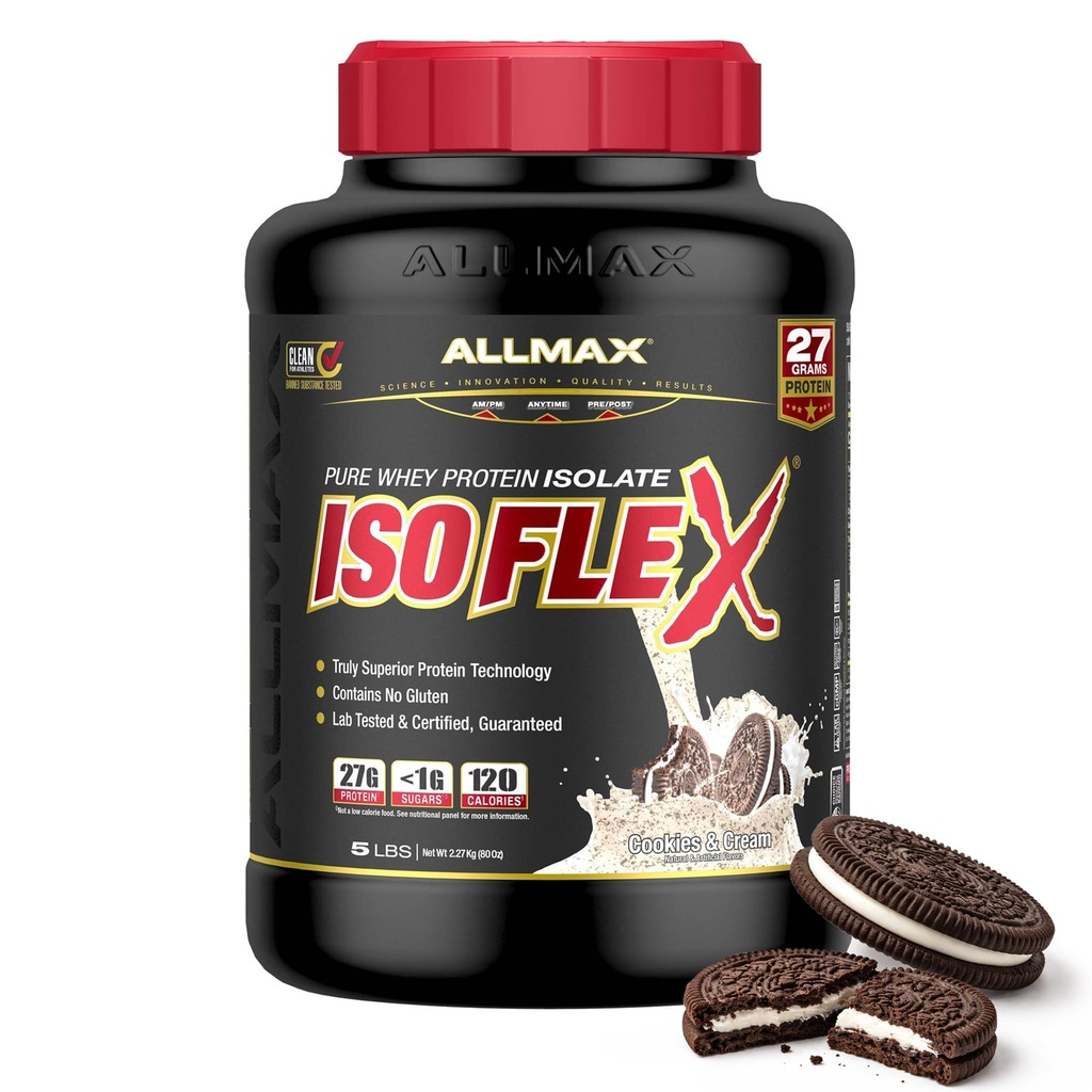 ALLMAX Nutrition - ISOFLEX Heraproteiinijauhe, heraproteiini-isolaatti, 27g proteiinia, evästeet & kerma, 5 punta