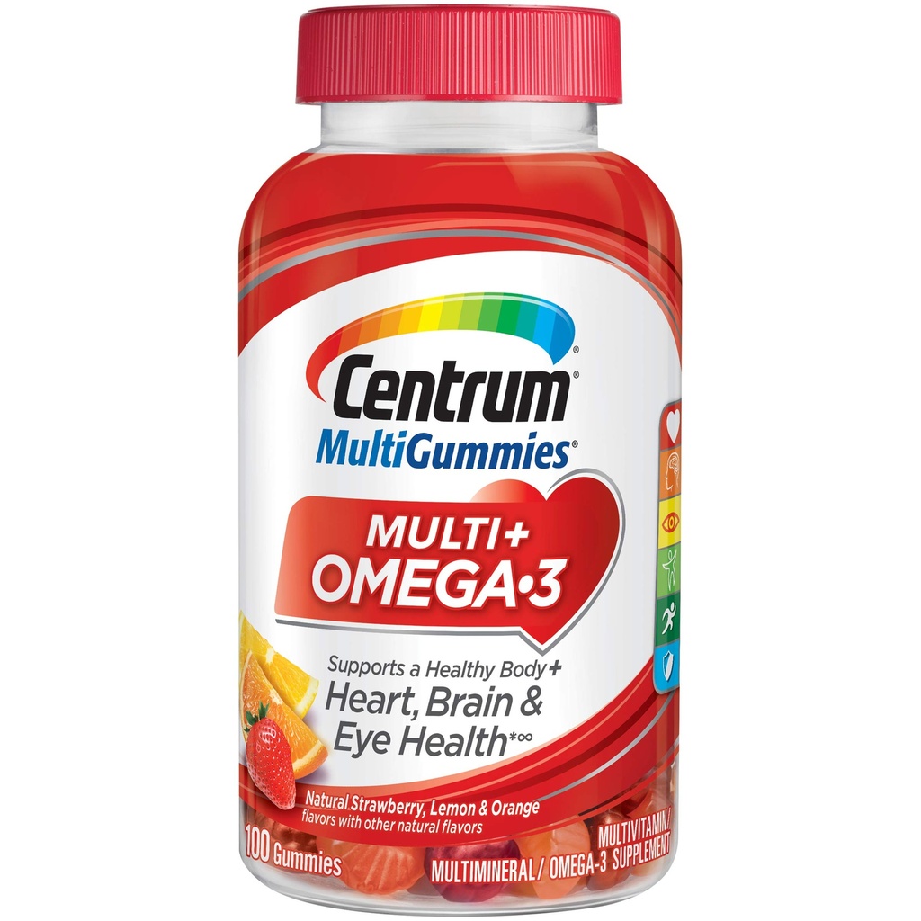 Centrum MultiGummies Omega 3 Gummy Multivitamiini aikuisille, Multivitamiini / Multimineral Supplement, Mansikka / sitruuna / oranssi makuja - 100