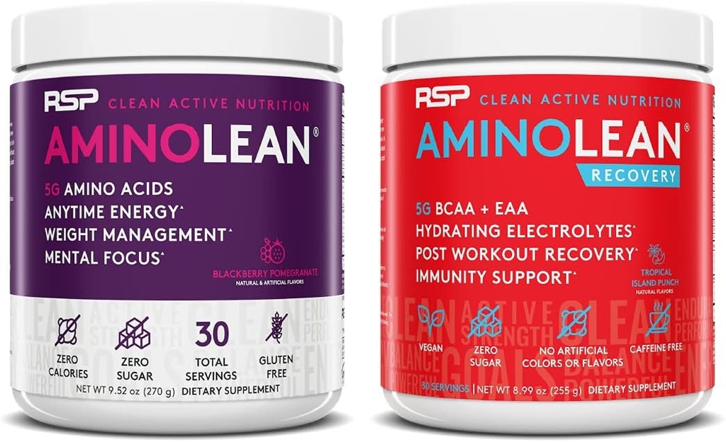 RSP NUTRITION AminoLean Pre Workout Energy (BlackBerry Pomegranate 30 Servings) med AminoLean Recovery Post Workout Boost (Tropical Island Punch 30 Servings)