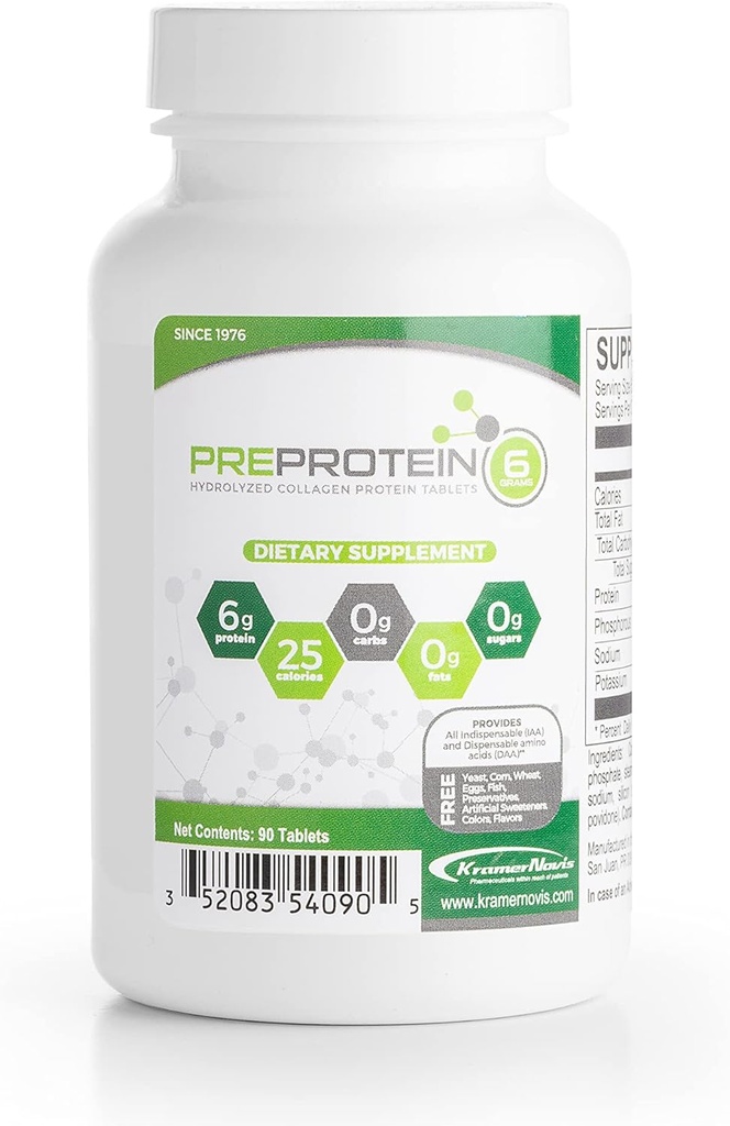 PreProtein® Mautonta hydrolysoitua kollageeniproteiinia Sokeri-vapaa rasvaton carb-free, Aminohapot proteiinitabletit, joita käytetään terveydenhuollon järjestelmät, 90 tablettia