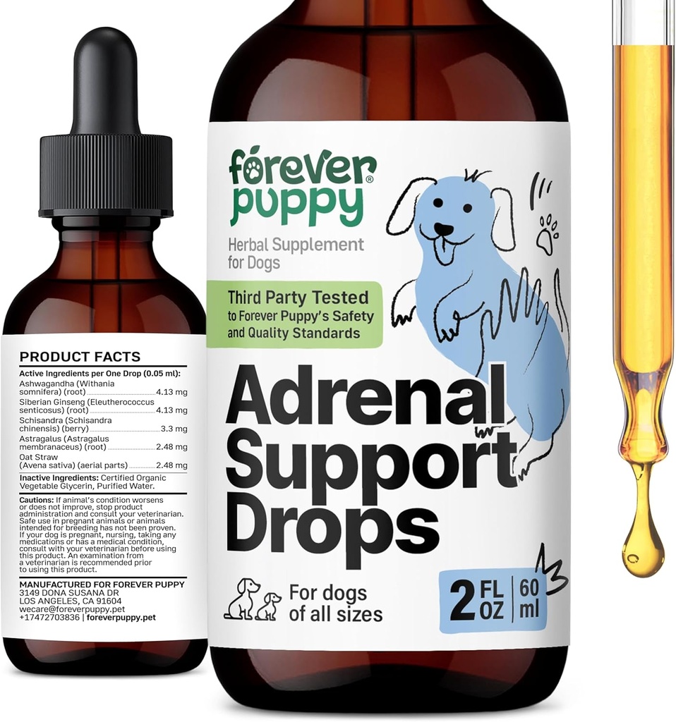 Ikuisesti pentu lisämunuaisen tuki pudotukset koirille - Pure Ashwagandha & Ginseng juurivärinän lisämunuaisten terveys ja energia tuki - rauhoittava hoito nestemäinen täydentää koirille kaikki rodut ja koot - 2 oz