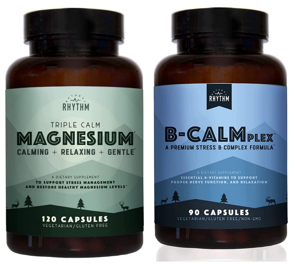 Luonnollinen rytmi Rauhoitu - Kolminkertainen magnesium 150 mg, 120 kapselia + B-CALMplex, ainutlaatuinen B-vitamiinin sekoitus, 90 kapselia