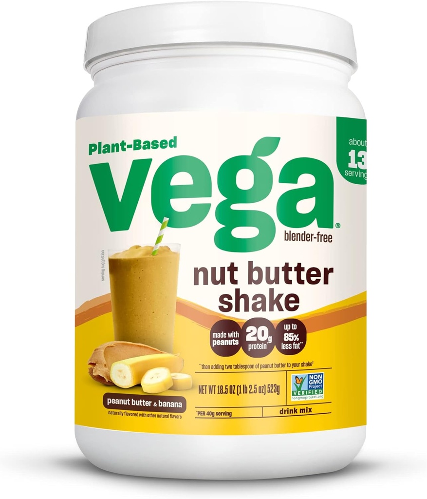 Vega Nut Butter Shake, Peanut Butter & Banaani - Vegan Protein Powder, 20g Protein, Real Food Ingredients, Ei lisättyä sokeria, 1,39 lbs