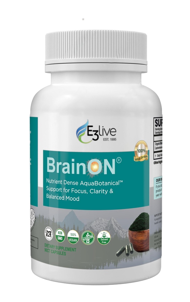 E3LIVE BrainON - Wild-Harvested AFA ote mielialan tasapaino & Focus 90