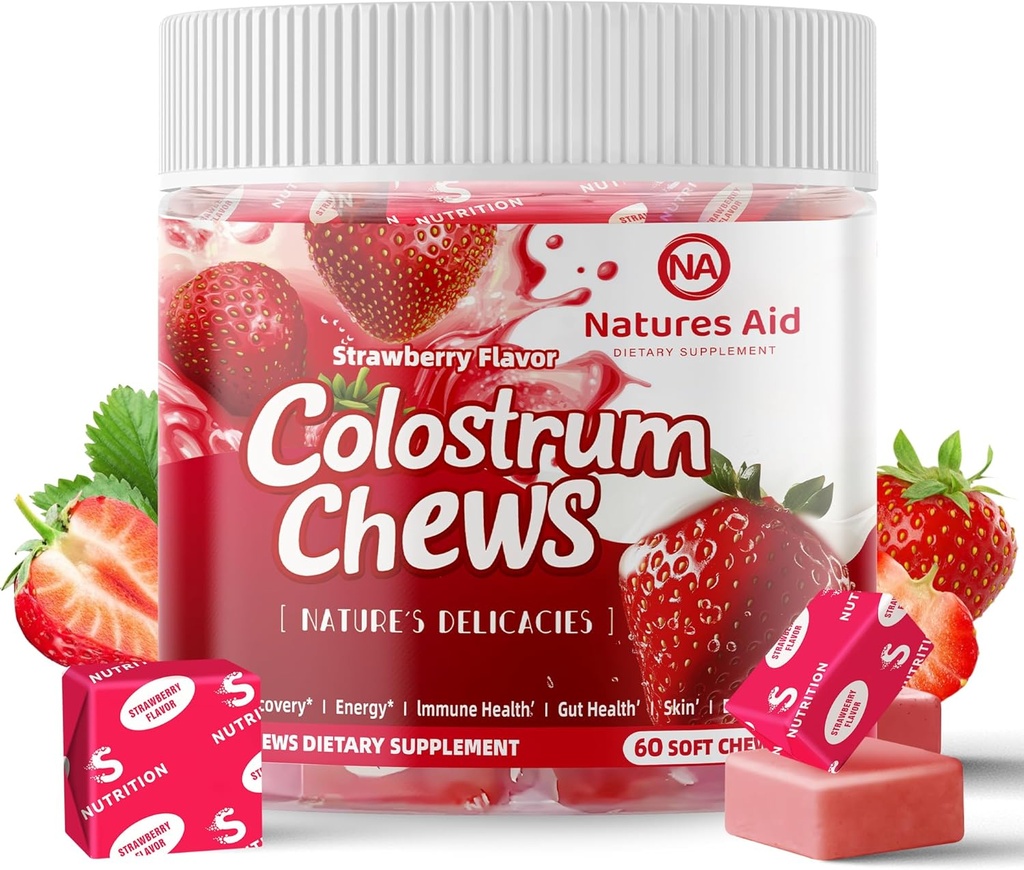 Colostrum Chews täydentää probiootteja Gut Health, turvotus, immuuni tuki, iho, hiusten kasvu ja kauneus - Mansikka maku (60 tarjoilua)