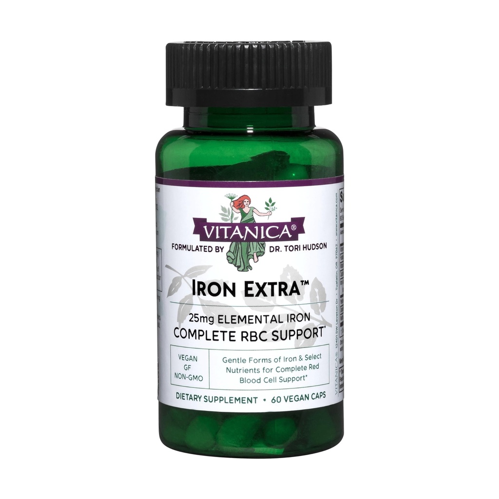 Vitanica Iron Extra, Järntillskott Förbättrad Absorption med vitamin C 500mg, Methylfolate 400mcg, B12 Vitamin 500mcg, Calcium, Yellow Dock, Dandelion Root & Nettle Leaf Extract, Vegan, 60 kapslar