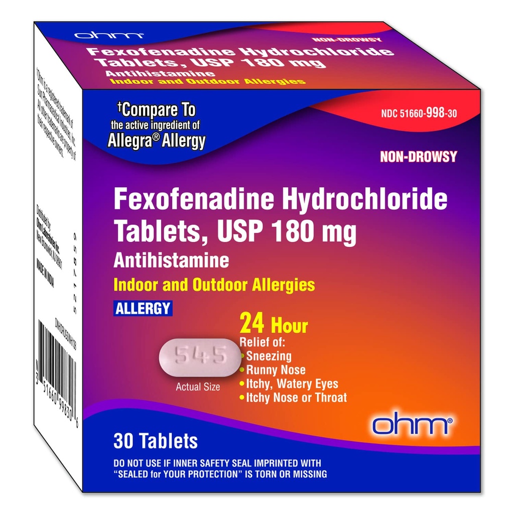 Ohm Non-Drowsy Fexofenadiini Antihistamiini Sisällä Ulkona Allergia Relief Tabletit 30ct