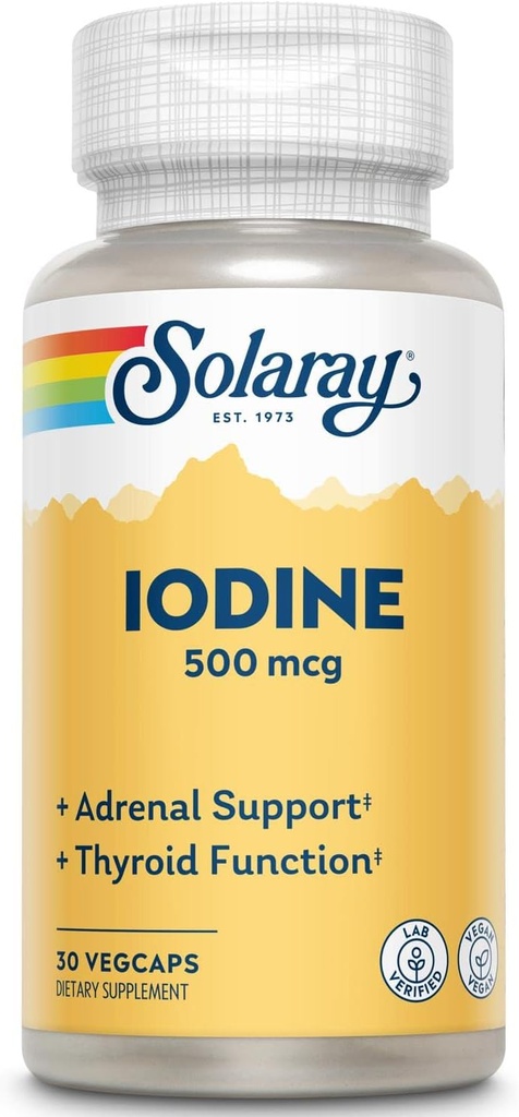Solaray Iodine 500 mcg | Kan hjälpa till att stödja hälsosam sköldkörtelfunktion, metabolism, fokus och energi | Icke-GMO, Vegan | 30 VegCaps | Pack på 2