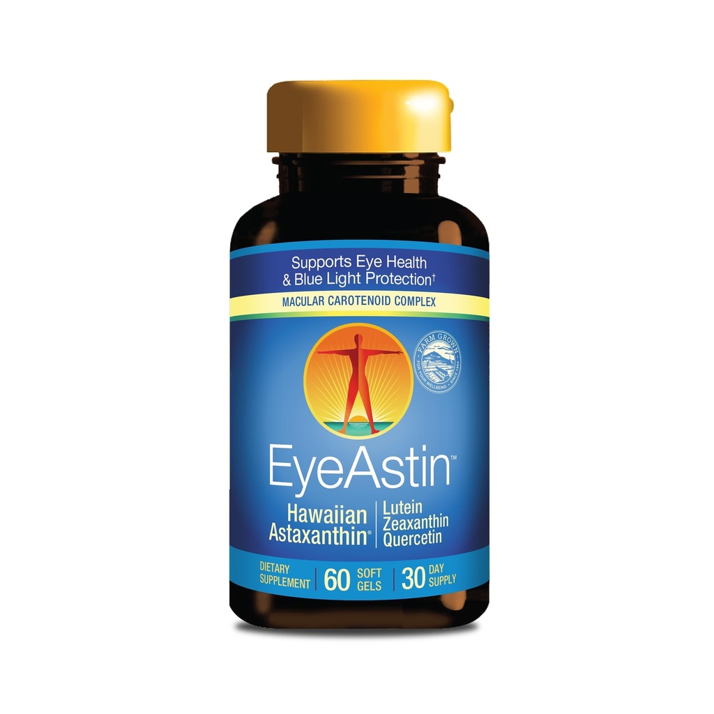 EyeAstin, BioAstin Hawaiian Astaksantiini ja luteiini & Zeaksantiini, tukee silmien terveyttä luonnollisesti, 60