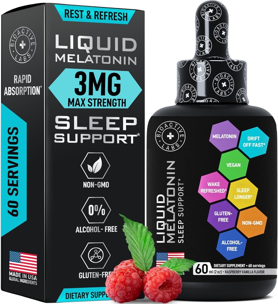 Liquid melatoniini aikuisille ja lapsille - 3 mg Extra vahvuus Sublingual Liquid Melatoniini lapsille ja aikuisille - Nukkua Fast Liposomal Drops - Natural Vadelma Maku uniapu - 60ml