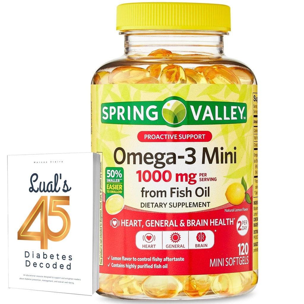 Spring Valley Omega-3 Mini Fish Oil 1000 mg, 120 Count, Ravintolisä, Omega 3 Mini Softgels Bundle Luall's 45 Diabetes Dekoodattu