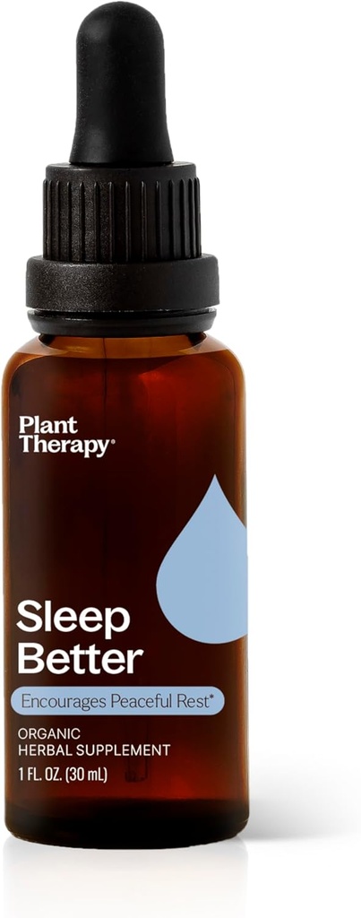 Plant Therapy Organic Sleep Better Tincture 30 ml (1 oz) Tukee rentoutumista ja unta, auttaa rauhoittamaan kiireistä mieltä, kamomilla, sitruunan balsamia ja valerian otteita