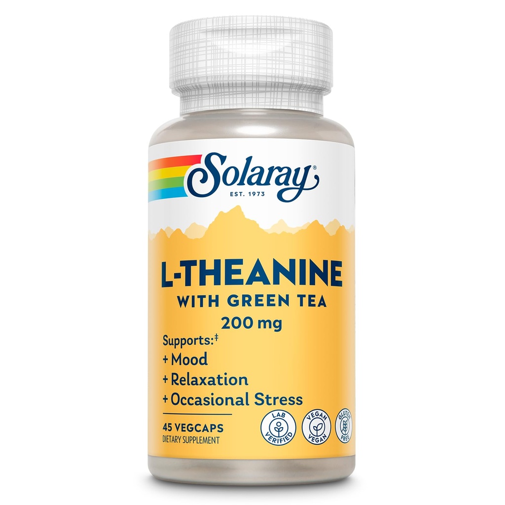 Solaray L-Theanine 200mg med grönt te - hälsosamt humör, avkoppling och yrkesstressstöd - Lab Verified, Vegan, Gluten Free - 45 portioner, 45 VegCaps