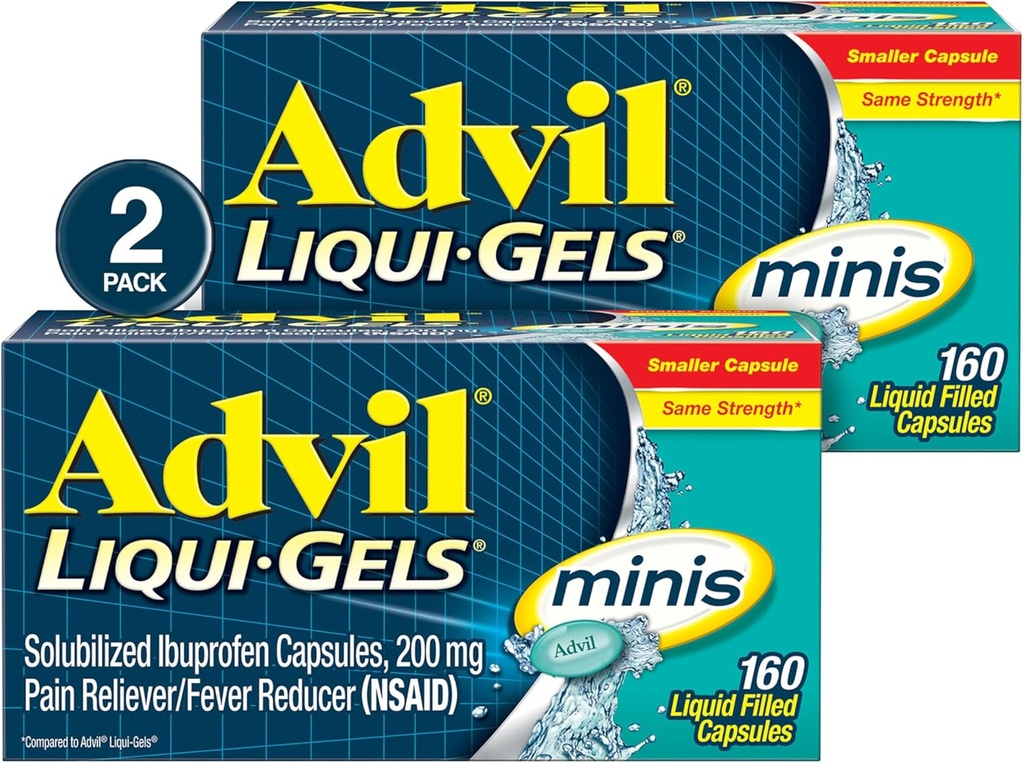 Advil Liqui-Gels minis Pain Reliever and Fever Reducer, Pain Medicine for Adults with Ibuprofeeni 200mg for Pain Relief - 2x160 Liquid Filled Capsules