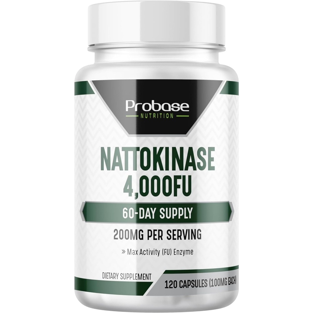 Probase Nutrition Nattokinase Supplement 4.000 FU-serveringar, 120 kapslar (Derived from Japanese Natto) Systemic Enzymes for Cardiovascular and Circulatory Support
