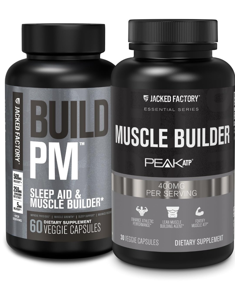 Jacked Factory Build PM Night Time Muscle Builder & Sleep Aid (60 kapslar) & Essentials Muscle Builder - Daglig Styrka Byggare för Män med Peak ATP (30 kapslar)