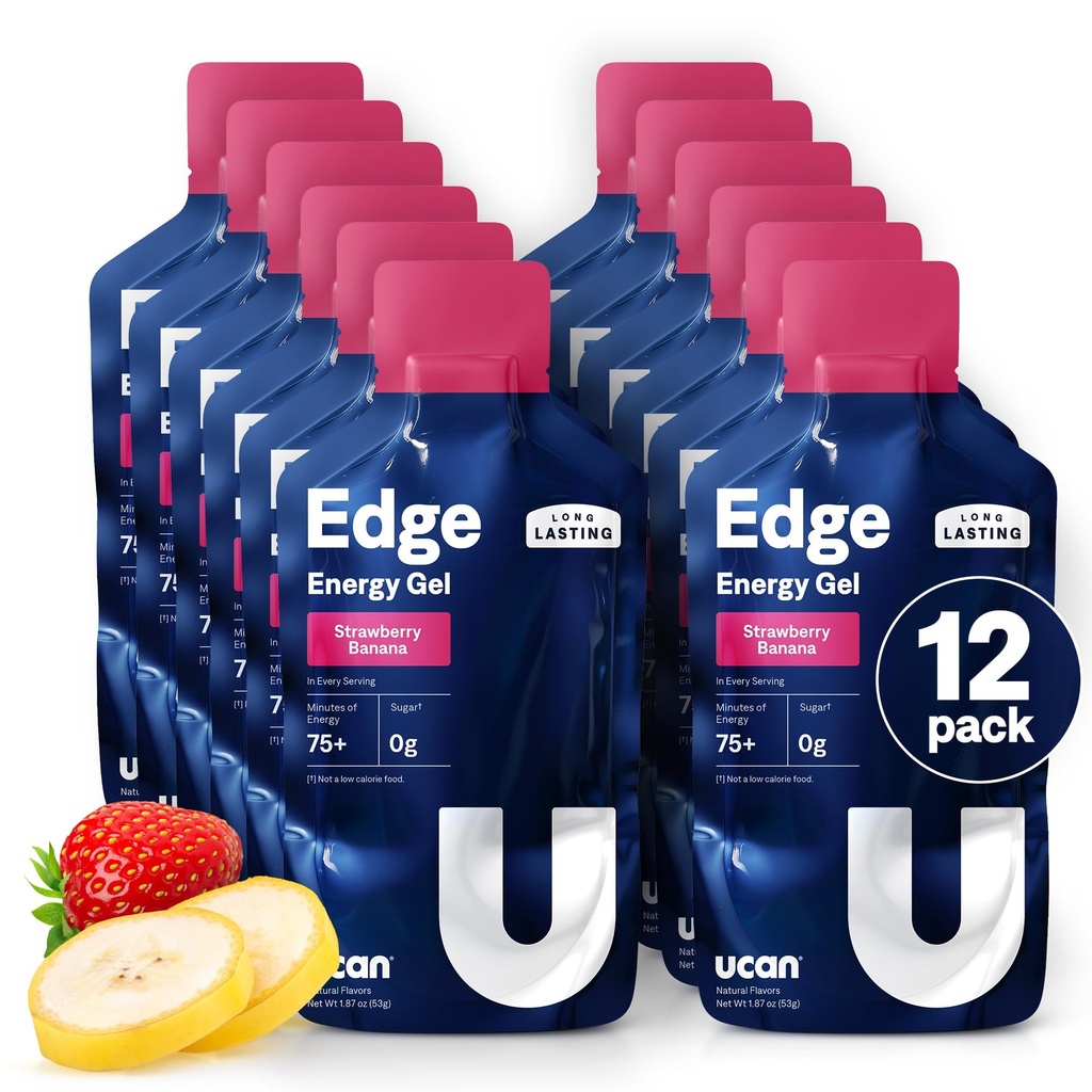 UCAN Edge Energy Gel Shots, Strawberry Banana (12, 2 Ounce Packets) för körning, träning, träning, fitness, cykling, Crossfit | Sugar-Free, Vegan och Keto Friendly Energy