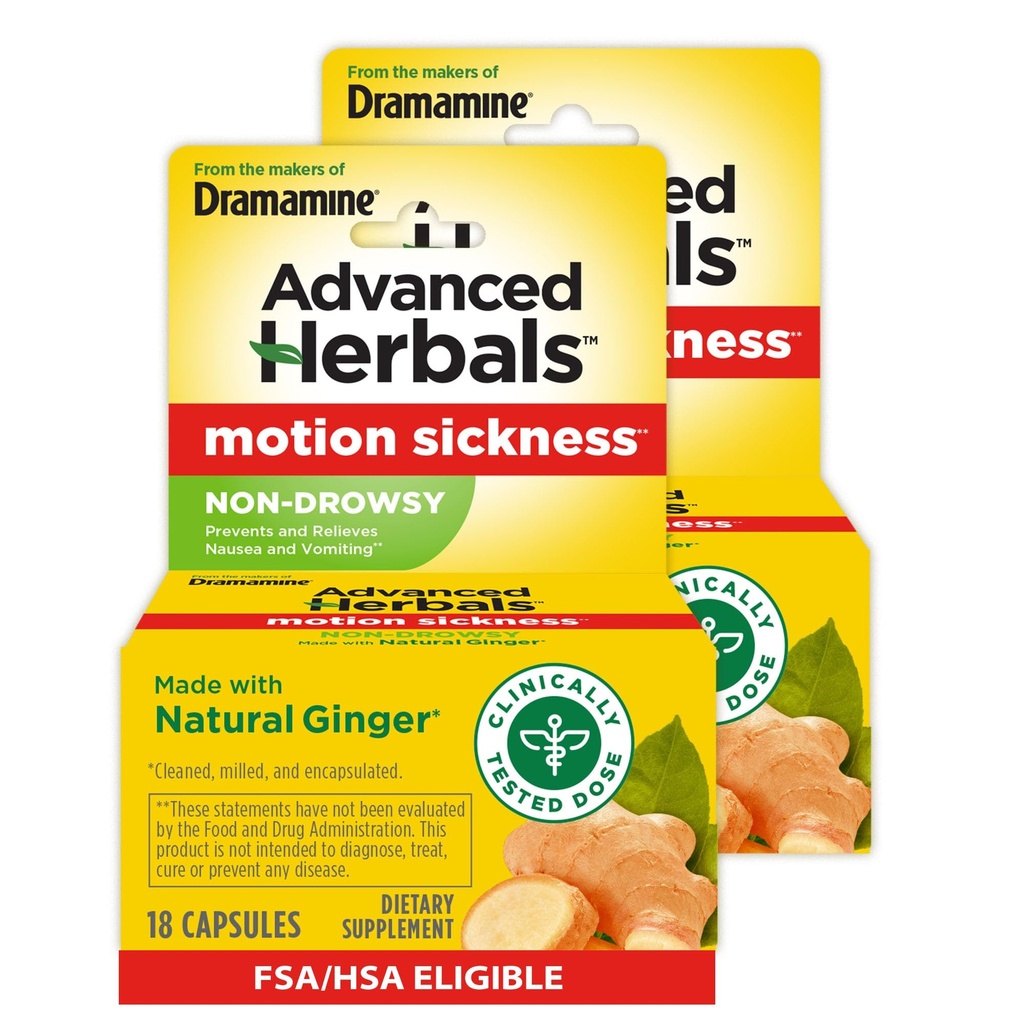 Dramamiinin valmistajilta, pitkälle kehitetyistä kasvirasvoista, ei-drowsy, Motion Picture Relief, valmistettu luonnon inkiväärillä, 18 Count, 2 Pack