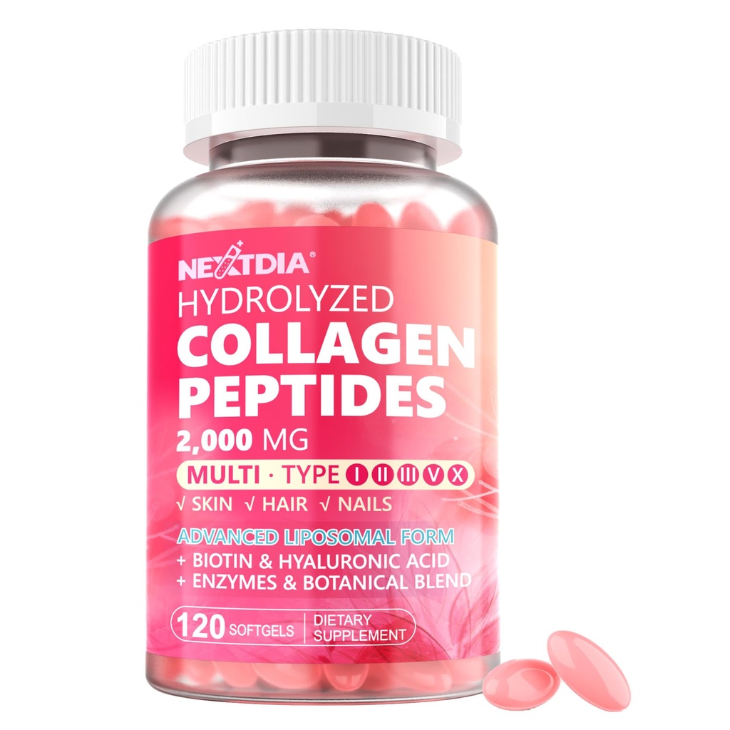 Hydrolysed Collagen Peptides Pillerit naisille 2000mg Liposomal Form tyyppi I, II, III, V, X optimaalinen imeytyminen, Multi Collagen Softgels, Kollageeni täydentää hiukset, iho ja kynnet vitamiineja 120 Ct