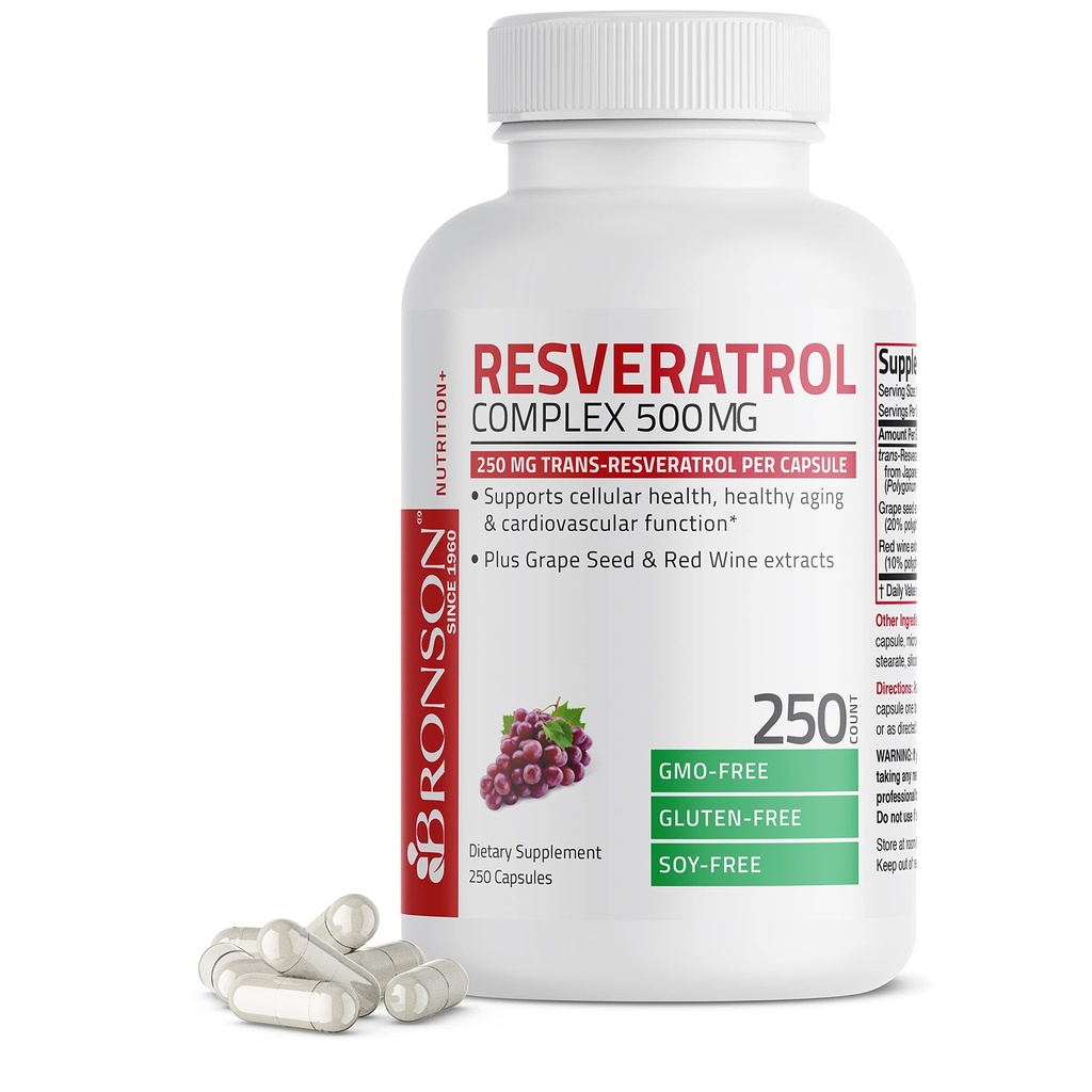 Bronson Resveratrol 500 Complex Standarded Trans-Resveratrol + Rypäleensiemen- ja punaviiniuute, 250 kapselia
