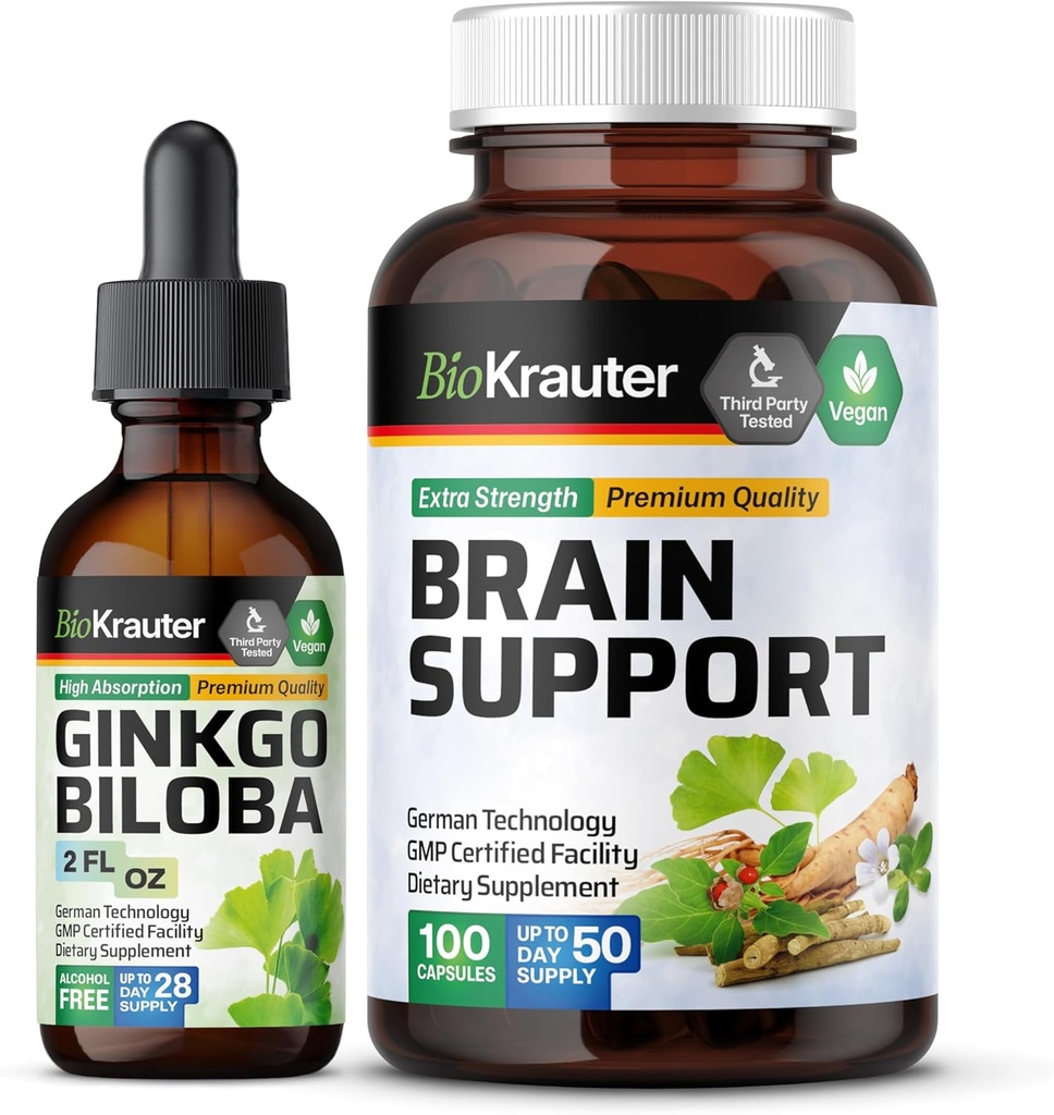 BIO KRAUTER Ginkgo Biloba Tincture 2 Fl. Oz. & Brain Support 100 kapselia