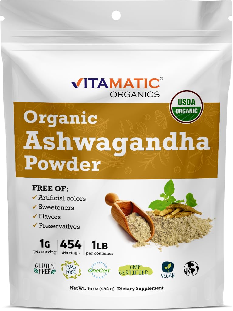 Vitamatic Certified USDA Organic Ashwagandha Powder - 1 lb (16 oz) Withania Somnifera | Ayurvedic Adaptogen för stressavlastning, energi, humör och immunstöd