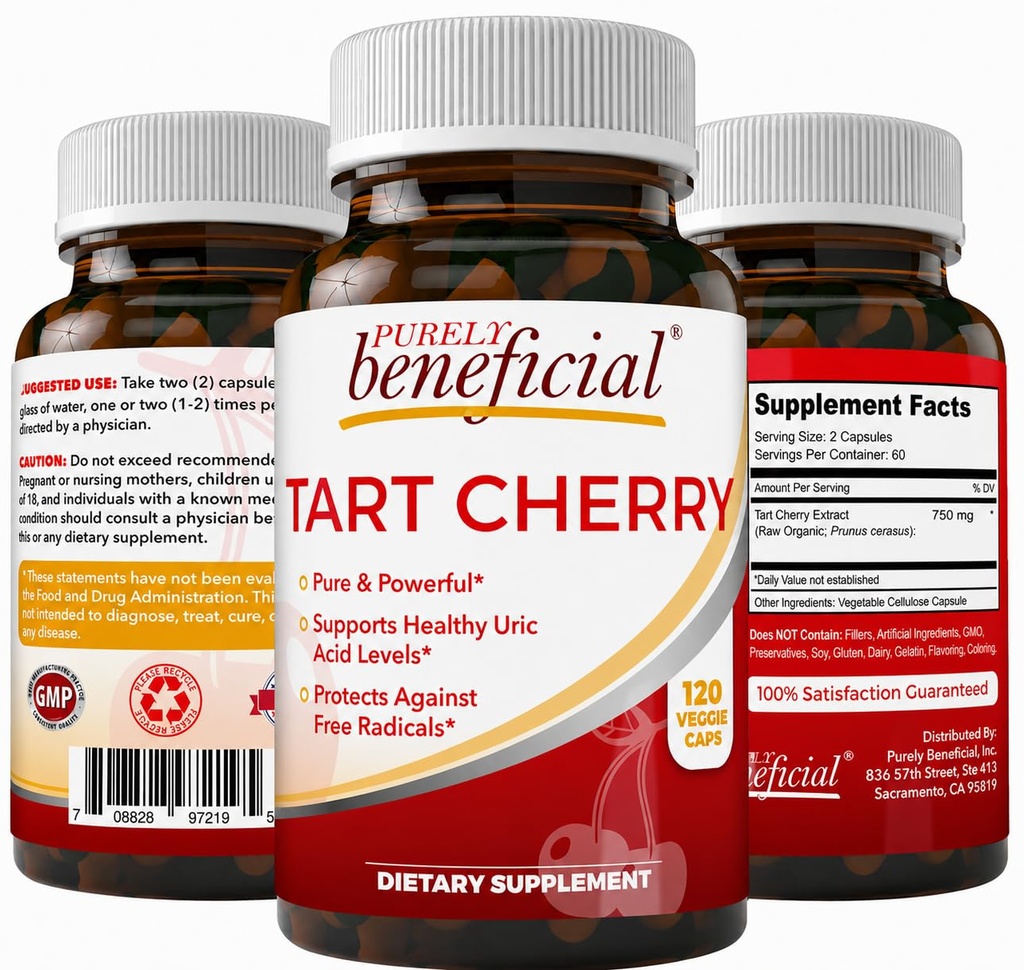 PURRELY edullinen Tart Cherry kapselit 6000 mg, extra vahvuus Montmorency Tart Cherry Extract, virtsahapon flush nivelen mukavuus, antioksidantti ja immuunituki, ei-GMO, gluteeniton, 120 kreivi