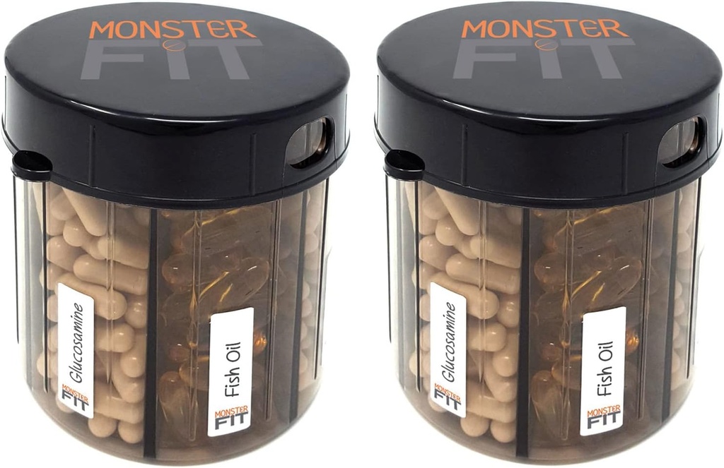 Monster Supplement Lääkitys pilleri Dispendser kanssa Osasto Labels - Erittäin suuri pilleri astia pullon kahvat lähes kaikki lisäravinteet - helppo purkaa (Monster Fit - 2 Pack)