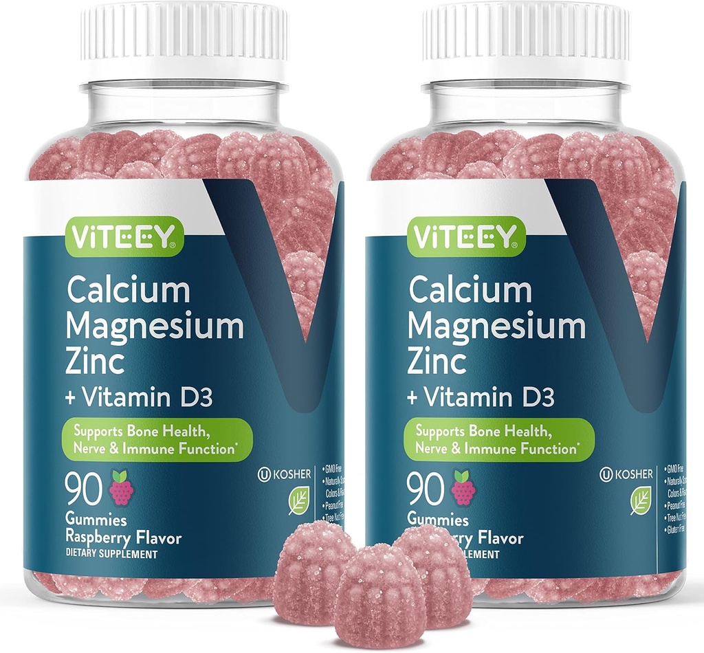Vitey Kalsium Magnesium Sinkki Gummies D3-vitamiini - Tukee luun terveyttä, hermostoa ja immuuni toimintaa - Kalsium Magnesium Sinkki D3 aikuisille & Teini-ikäisille - GMO vapaa - pureskeltava vadelma Maku