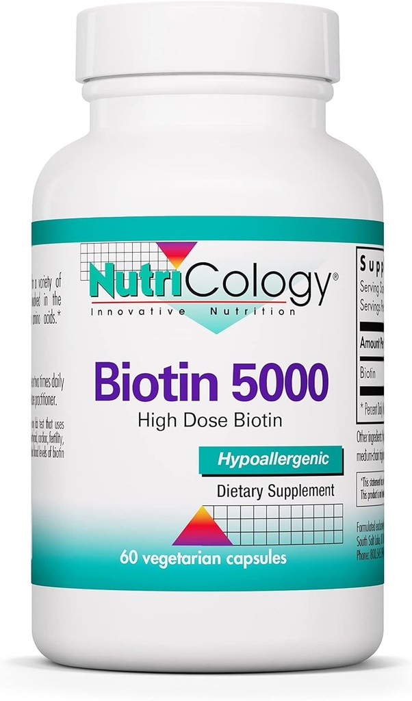 Nutricology Biotin 5000 täydennysosa - 5000 mcg Biotiini, Hiusten, ihon ja kynsien vitamiinit, suuri annos, kasvissyöjäkapselit, hypoallergenic, Gluteeniton - 60