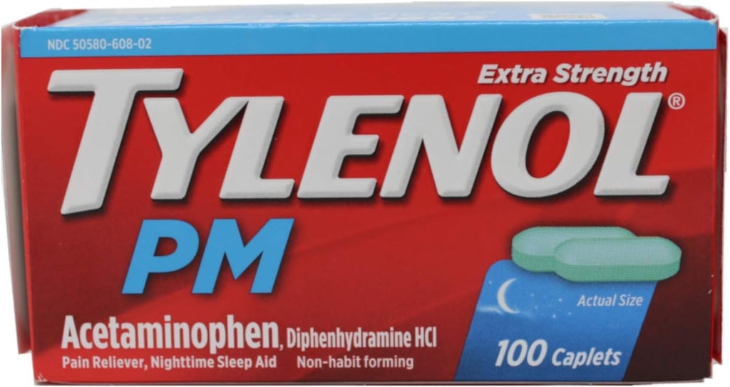 TYLENOL PM Extra Strength Kipu Reliever / Yöllä uniapu Caplets 100 ea