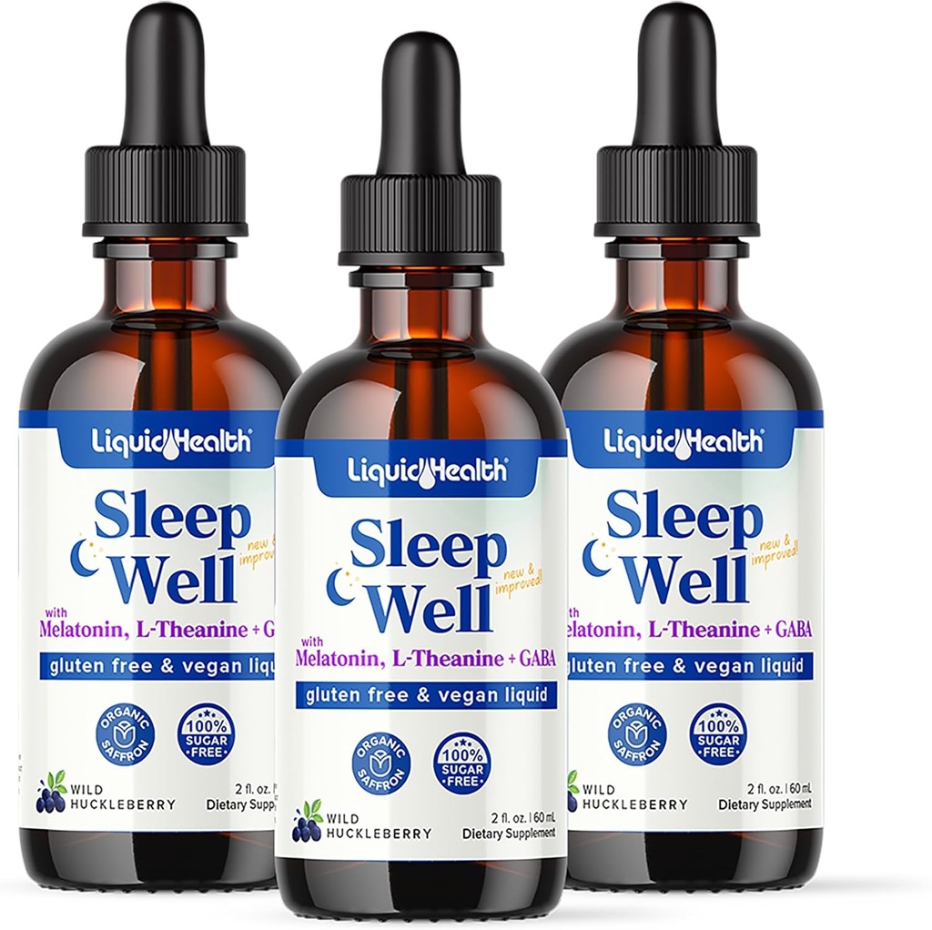 LIQUIDHEALTH Sleep Well Natural Sleep Aid Melatonin Drops - Parempi uni & mieli, rentoutua & rauhallinen mieli, putoaa Nukkua Nopeammin Pysy nukkua pidempään - Made in USA, Vegan, sokeriton, huumeeton, non-GMO (3 Pack)