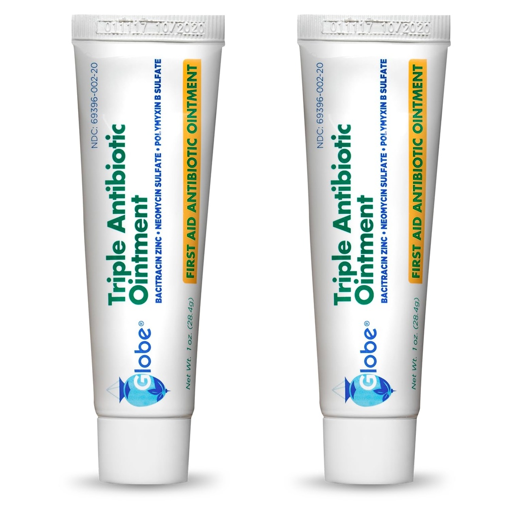 Globe Triple Antibiootti Ensiapu Voide, 1 oz (2-Pack) Ensiapu Antibiootti Voide, 24 tunnin infektiosuojaus, Haavojen hoito pienille raunioille, palovammat ja haavat