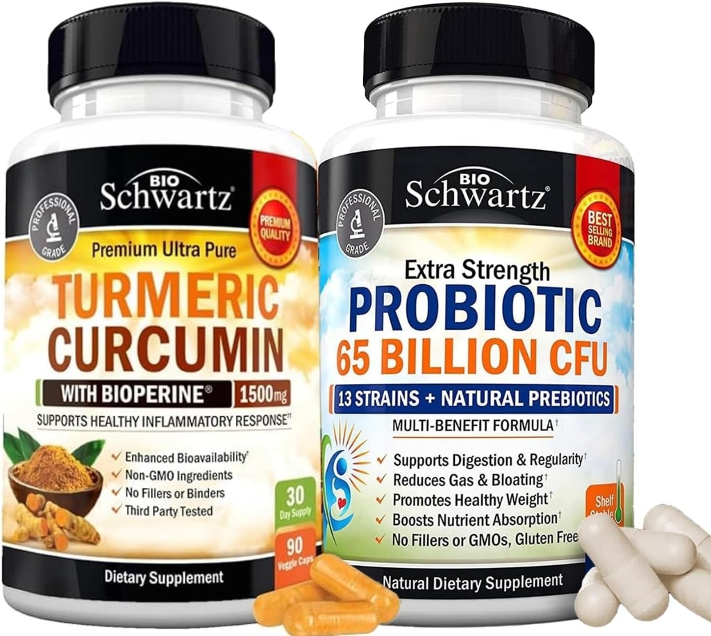65 miljarder CFU Daily Probiotic Supplement (1 Month Supply) Plus gurkmeja Curcumin med Black Pepper Extract 1500mg Complex (Trial Size)