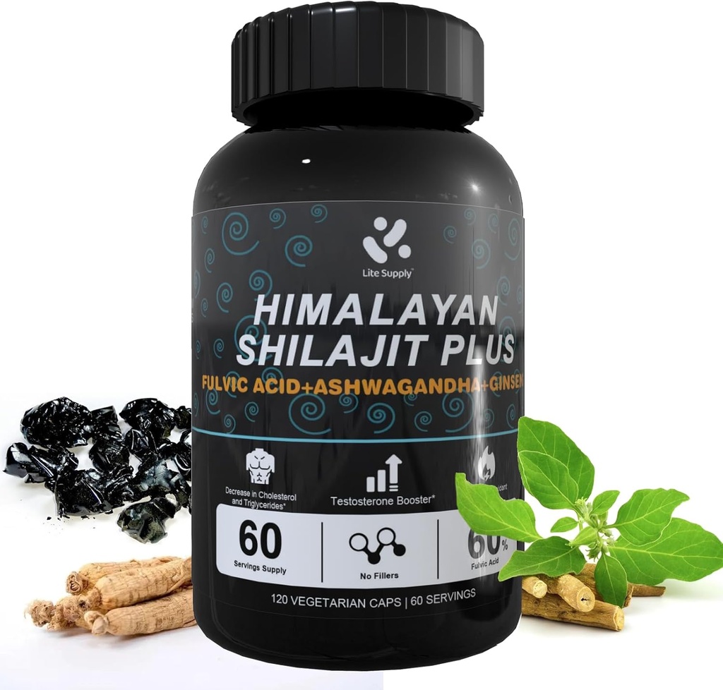 Shilajit Himalayan Supplement 60% Fulvic Acid, 120 Vegaanikapselit Supply with Pure Natural Shilajit, Ashwagandha, Ginseng Extract - High in Trace Minerals for Men Energy Support