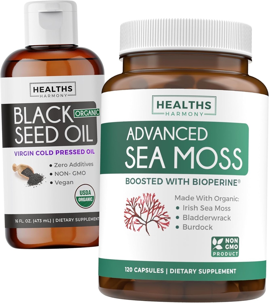 Black Seed Oil Liquid & Sea Moss (2-Kuukausi tarjonta) Sea & Seed Fusion Bundle - Black Seed Oil Liquid (16fl.oz) Premium Kylmäpainettu Clack Cumin Seed Oil & Organic Irish Sea Moss BioPerine - Vegan