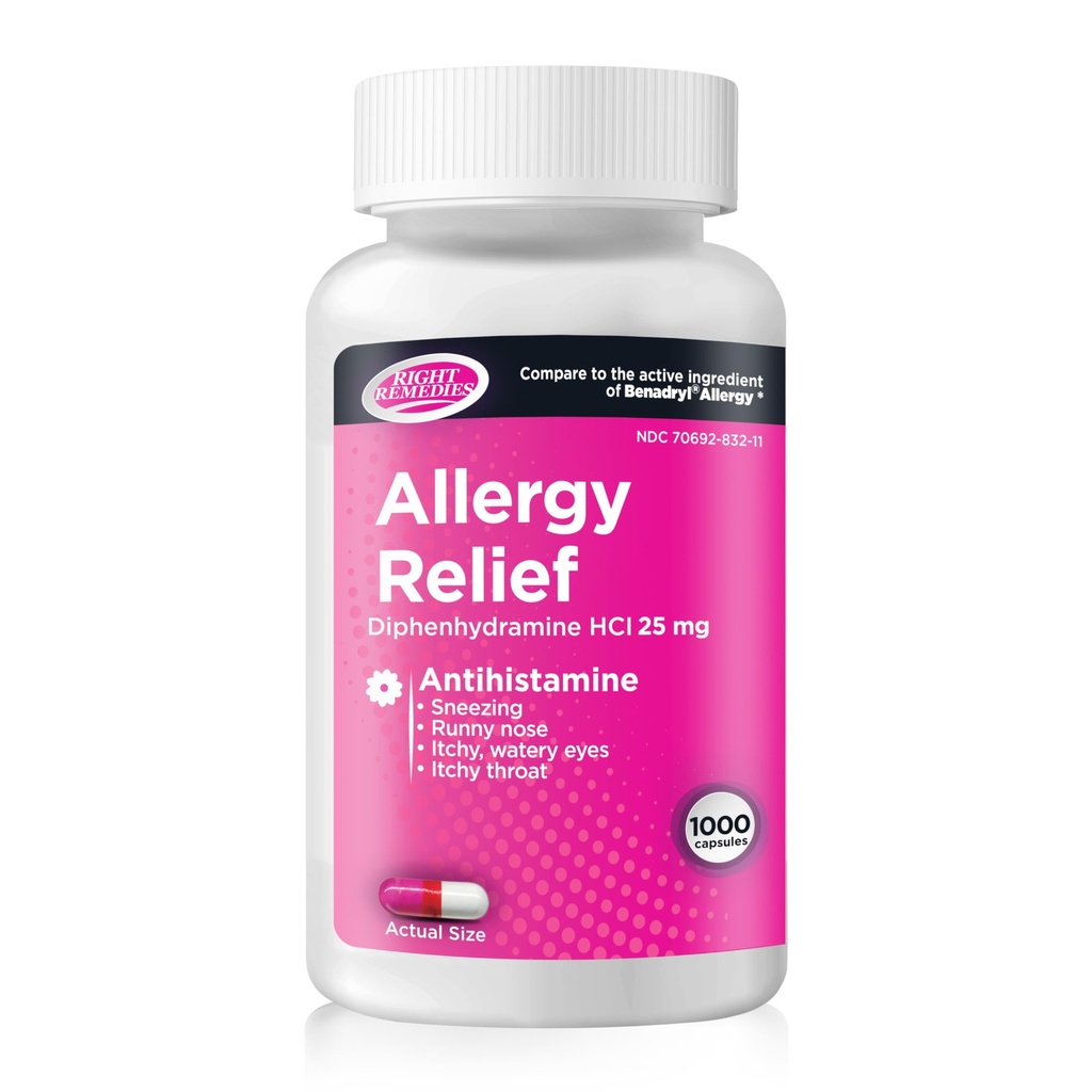 Allergian lievittäminen, antihistamiini, difenhydramiinin HCL 25 mg, lievittää kausittaista sisä- tai ulkoilma-allergiaa, runny nenä, aivastelun allergian lievittäminen (1000 kapselia)
