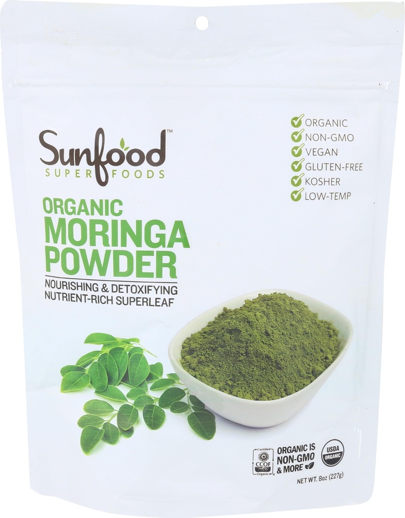 Sunfood Moringa Powder, Organic. Käytä hiustenlähtö, laihtuminen. Puhdas yksittäinen ainesosa tuote. 8 oz Bag