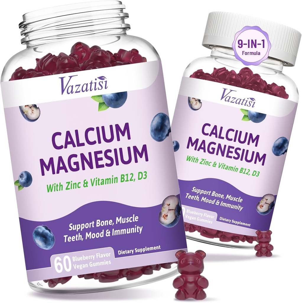 2 pakkaus Kalsium Magnesiumsinkki Gummies D3-vitamiinia ja B12-vitamiinia, sokeriton kalsium täydentää naisille, vegaaninen mustikka maku