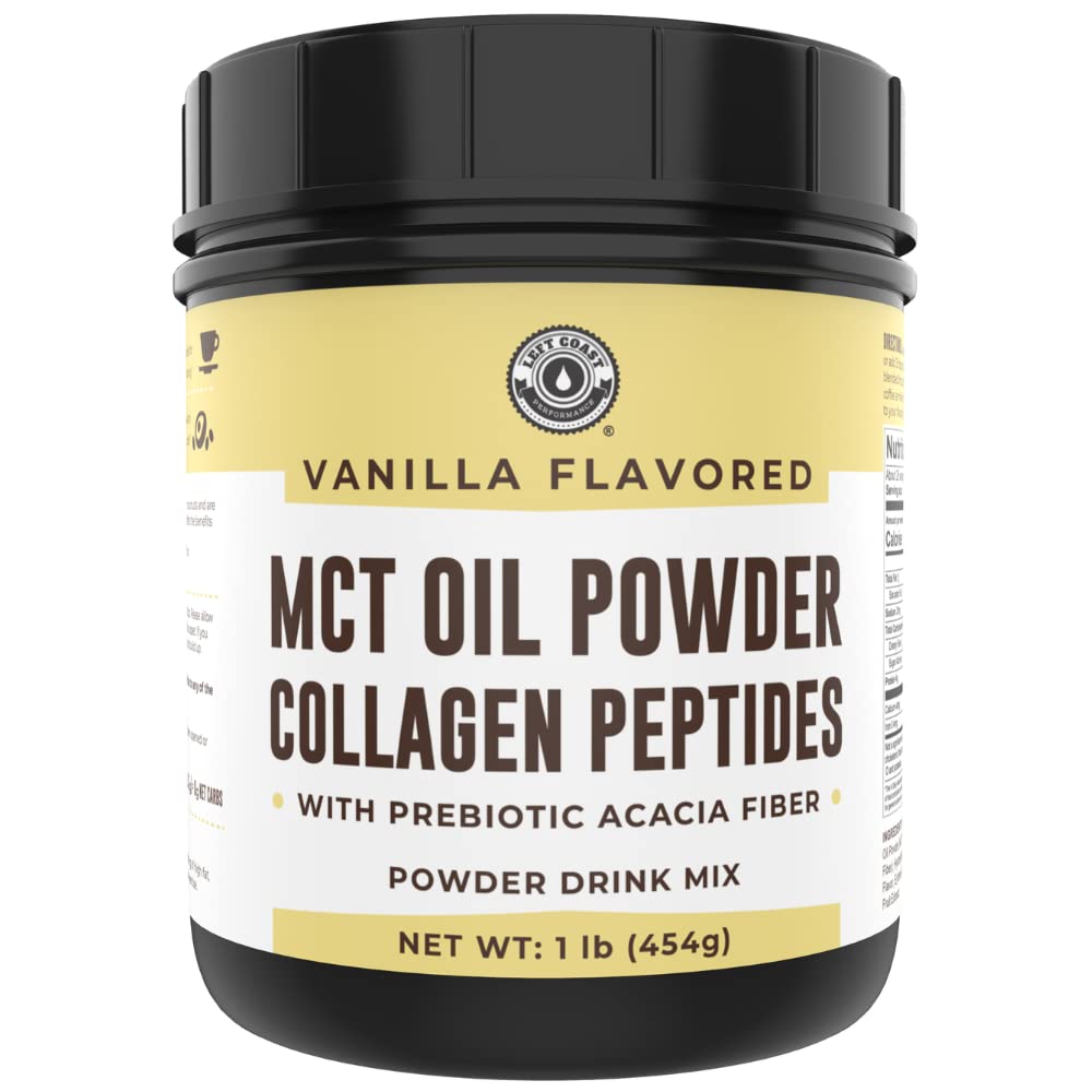 Keto MCT öljyjauhe + Collagen + Prebiootti Acacia kuitu, Vanilla Flavor, 16oz. MCT öljyjauhe Coconuts. Grass Fed Collagen, täydellinen Keto, 0 Net Carb, Stevia, Erytritoli, jauhettu juoma