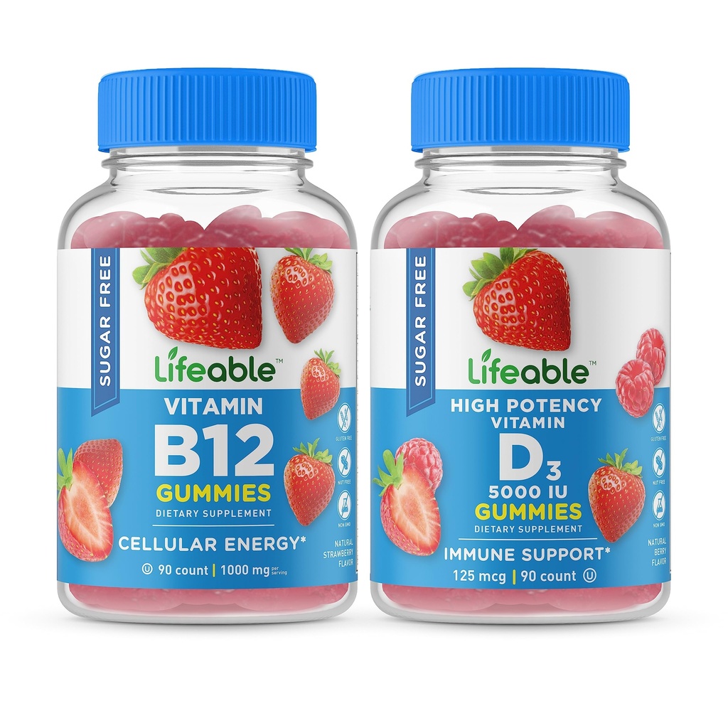 Livlig sockerfri vitamin B12 + vitamin D 5000 IE, Gummies Bundle - Stor smak, vitamintillskott, Glutenfri, GMO-fri, tuggbar gummy