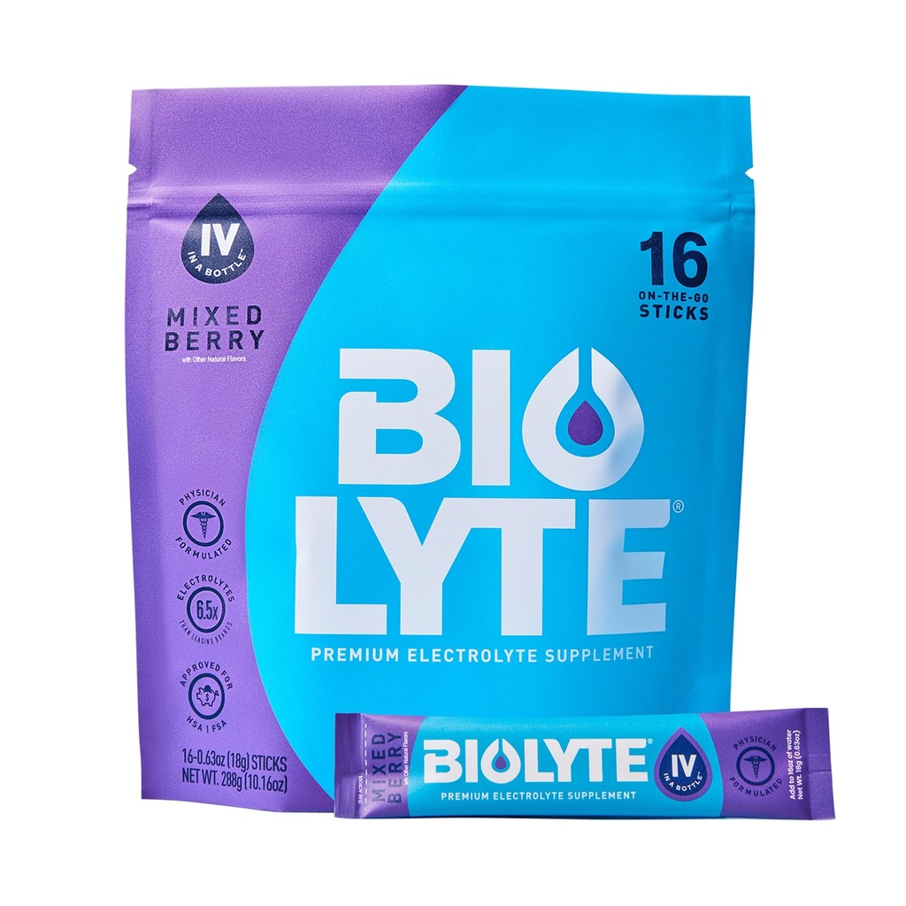 BIOLYTE IV Electrolyte Powder Packets, IV Liquid Drink Mix for Water, Doctor-Developed Hydration, HSA Godkänd Dehydration Relief, Chemotherapy Must Haves for Women & Men - Mixed Berry (16 Sticks)