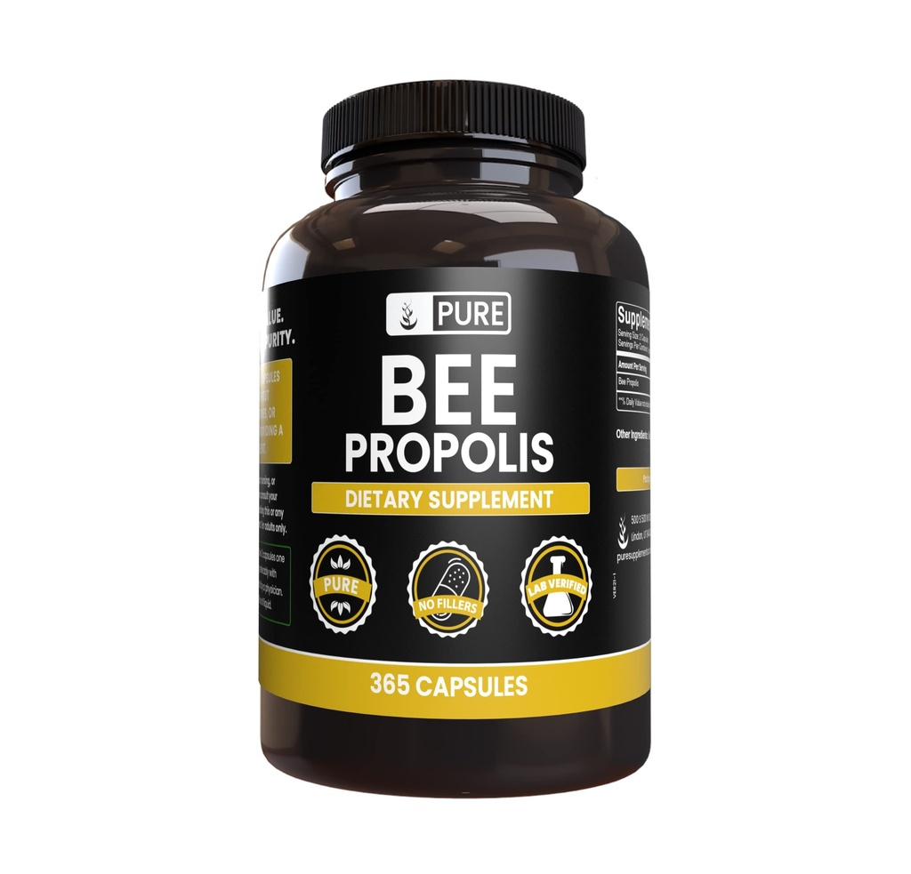 PURE ORIGINAL INGREDIENTS Bee Propolis (365 kapslar) No Magnesium eller Rice Fillers, Always Pure, Lab Verified