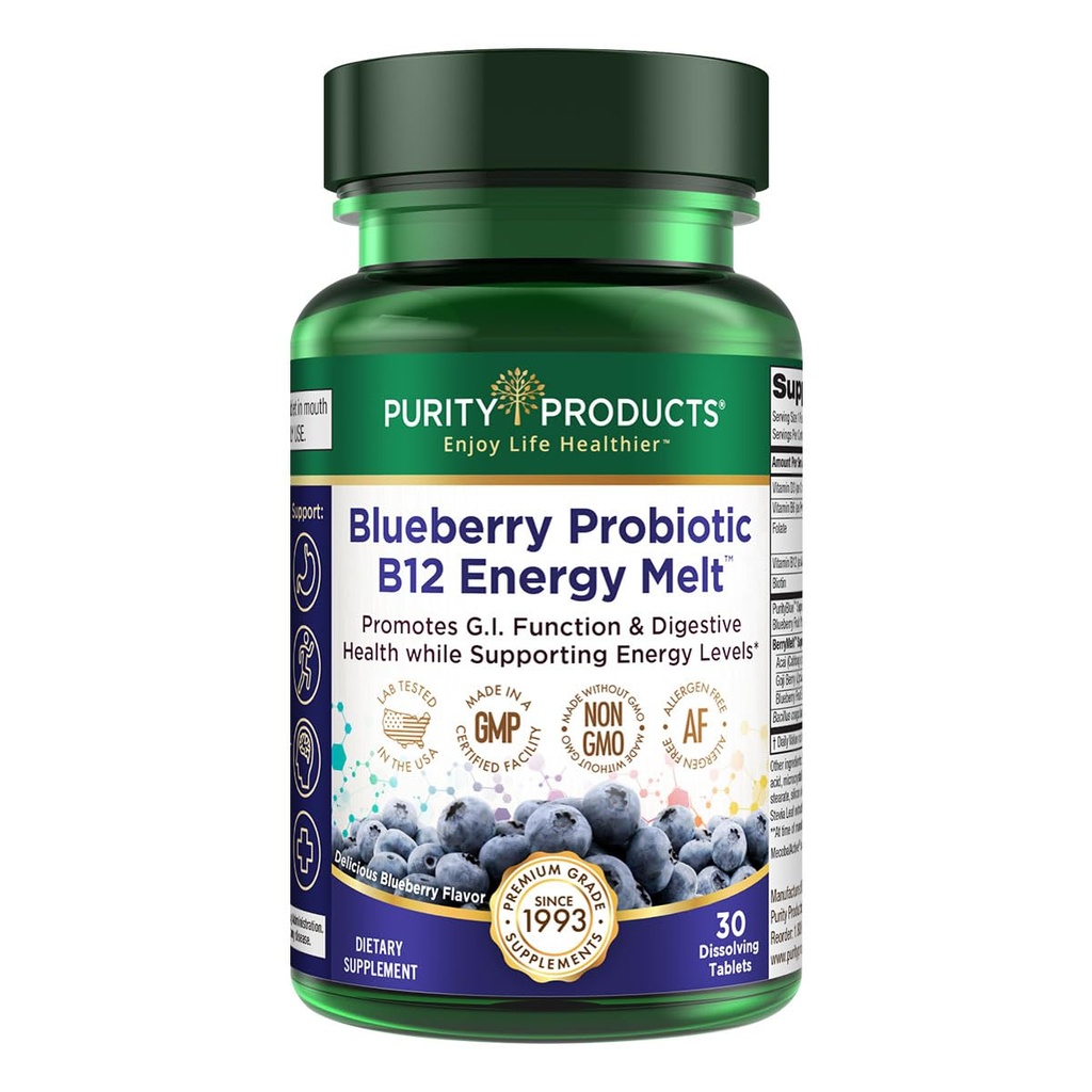Puhtaus Tuotteet Mustikka Probiootti B12 Energy Melt Clinical Probiootti - Orgaaniset mustikat, Methylcobalamiini B-12-30 Sulat
