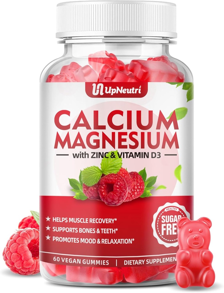 Calcium Magnesium Zink med vitamin D3 Supplement, Sugar Free Calcium Gummies för kvinnor Män, Hög Absorption Zink Gummies för ben & Muscle & Immune Health, Vegan Raspberry Flavor - 60 Count