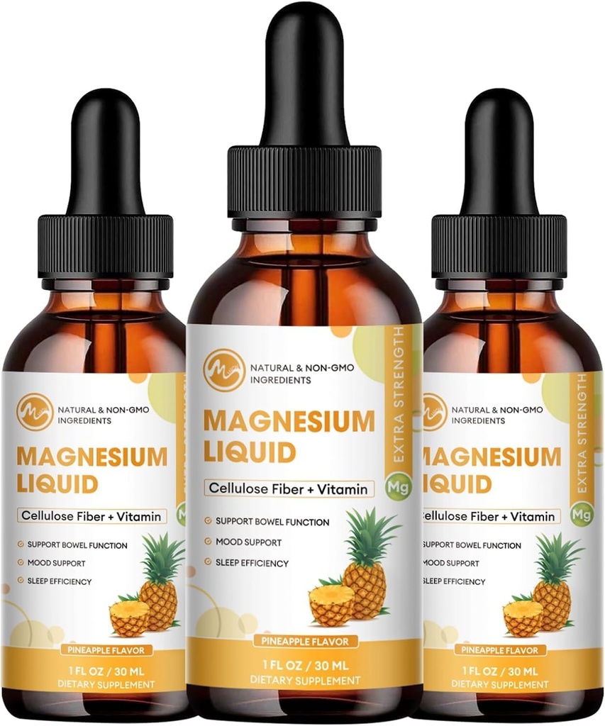 (3 pakkaus) Magnesium Glycinate Nestemäiset tippat, suuri imeytyvä magnesiumneste bromaiinilla, B6-vitamiinilla C D, magnesiumlisä lapsilla ja aikuisilla, yöllä ja lihaksilla, ananaksen maku