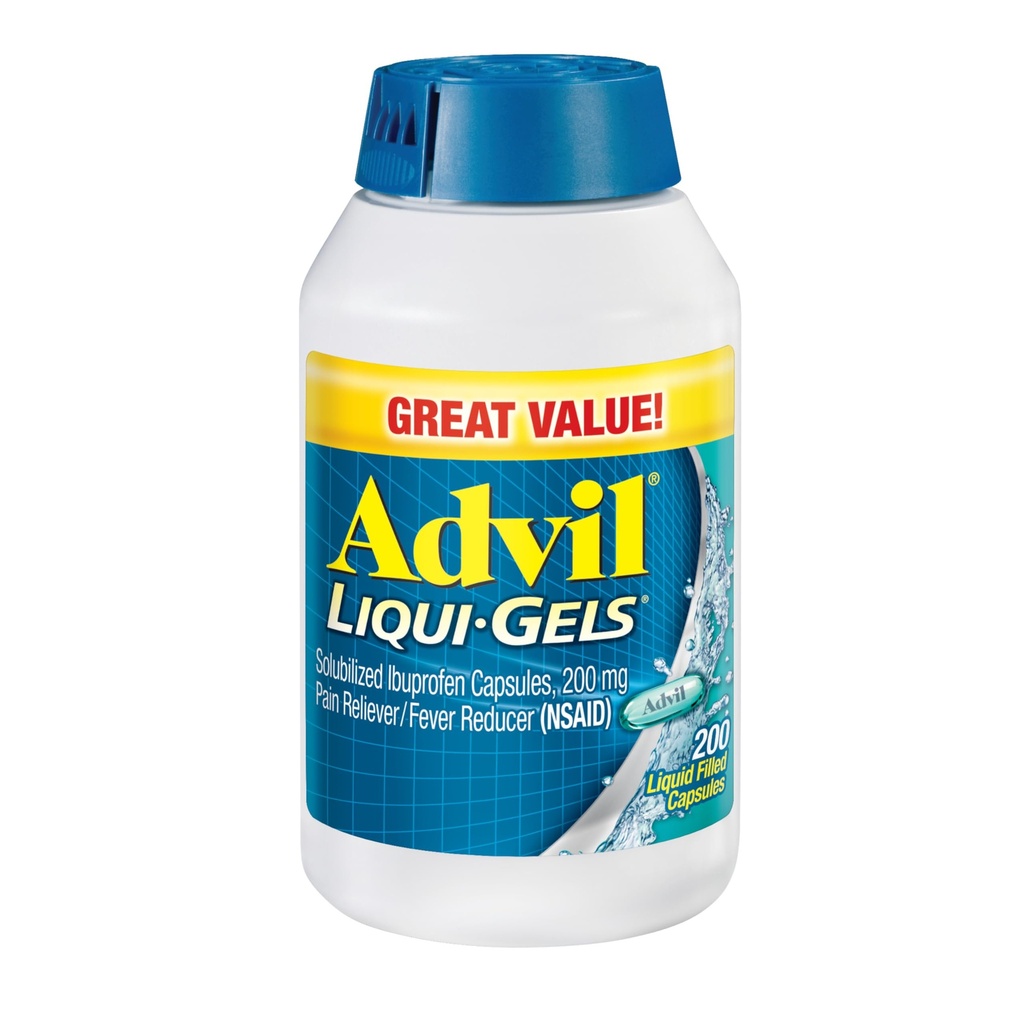 Advil Liqui-Gels Pain Reliever and Fever Reducer, Pain Medicine for Adults with Ibuprofeeni 200 mg for päänsärky, selkäkipu, kuukautiskipu ja nivelkipujen lievittäminen - 200 nestetä täytetty kapselit