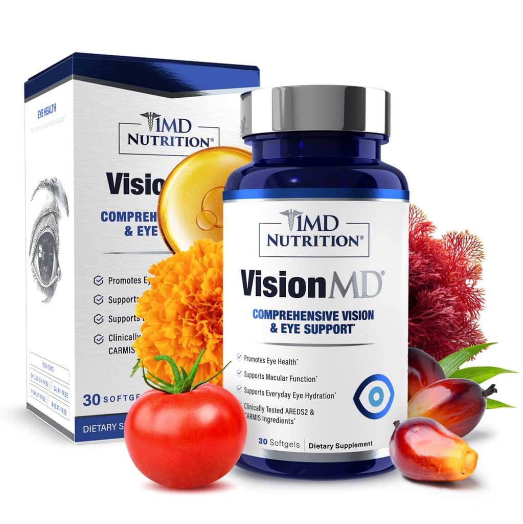 1MD Nutrition VisionMD Eye Vitamiini CARMIS - Eye Supplement for Adults - OptiLut Lutein & Zeaksantiini - tukee Vision Health Care, Everyday Eye Strain, & Satunnainen kuiva silmä - 30 Softgels
