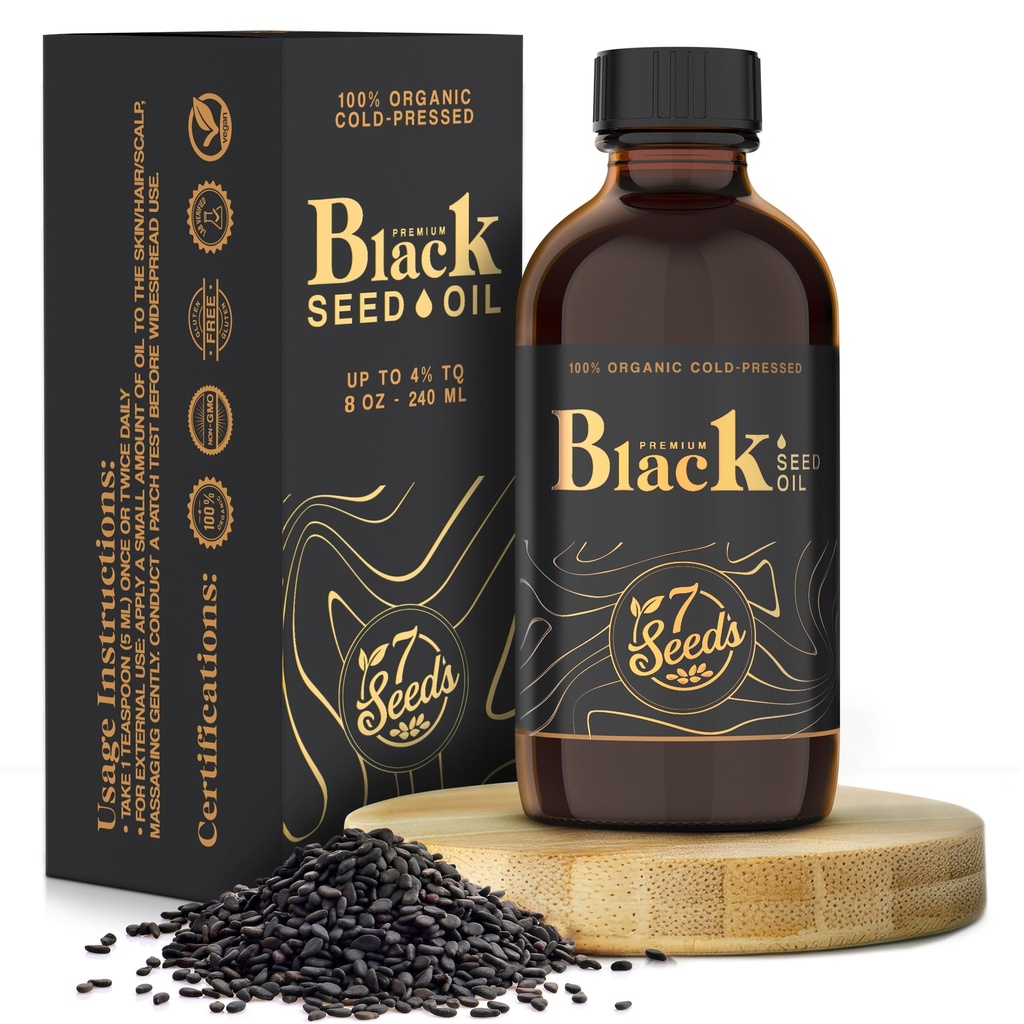 7 Siemenet kylmäpuristettu musta siemenöljy - 240 ml Kylmäpuristettu Nigella Sativa Liquid immuuni tukea, tulehtuminen tuki, digestio, hiukset ja iho (8 Fl Oz)